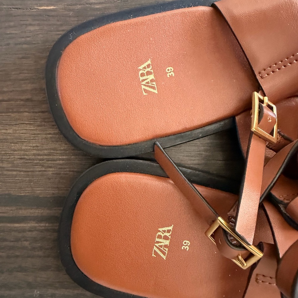 Zara Brown Leather Slingback Toe-Ring Sandals size 8 1/2 - 39EU - Picture 3 of 4